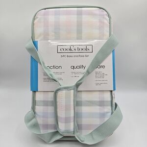 Cooks Tools 3 Piece Bake & Take Set 2.3 Qt Rectangular Clear Glass Dish Lid Case